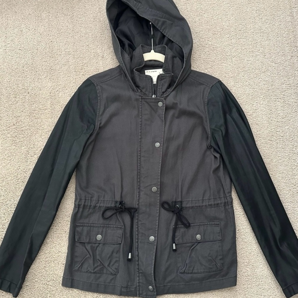 Charcoal Grey & Black Faux Leather Hooded Moto Utility Jacket